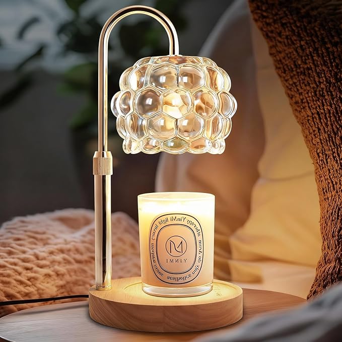 Candle Warmer Lamp with Timer Adjustable - Height Candle Warmer, Dimmer, Vintage Glass Wax Melting Lamps for Home Decor, for Candles in Jars with 2 Bulbs, Champagne Gold