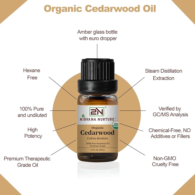 Cedarwood Essential Oil, USDA Certified Organic, 100% Pure Undiluted, Aromatherapy Oil for Diffuser, Hair & Skin Care