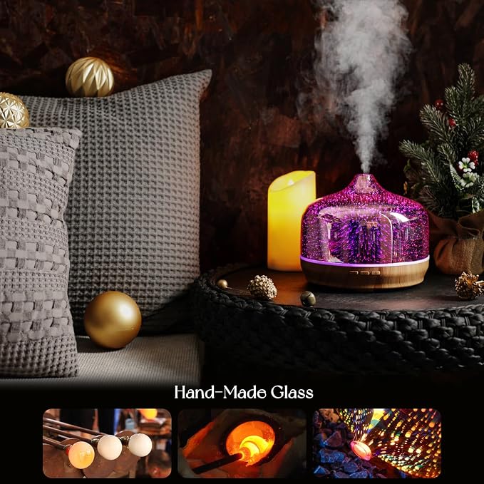 Porseme 500ml Glass Essential Oil Diffuser Aromatherapy Ultrasonic Cool Mist Humidifier 15-21 Running Hours Diffusers with Remote Control for Sleeping Yoga Working Spa(Rose Gold）