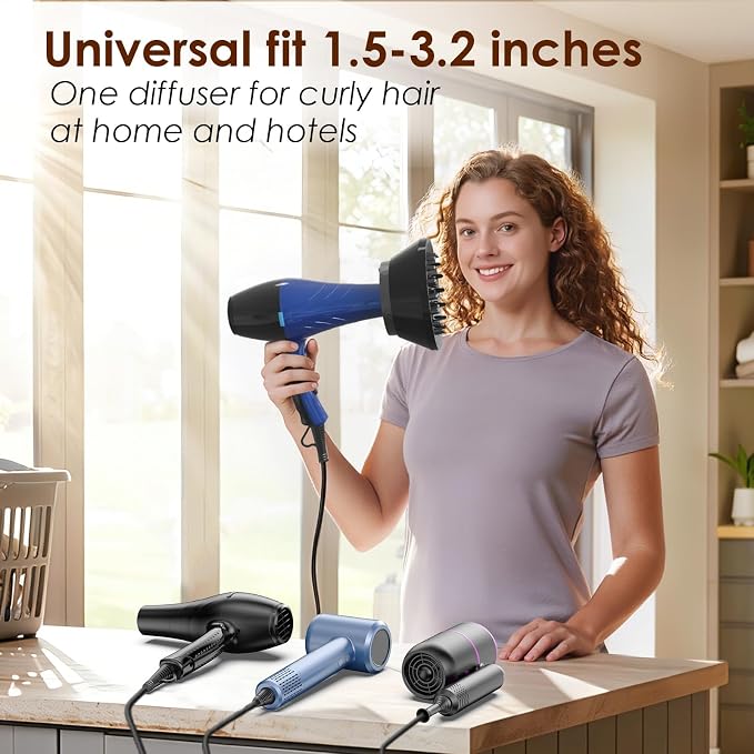 Diffuser Attachment for Hair Dryer,Universal Fits 1.5-3.2 Inch,Large Bowl | Collapsible,24 prongs,For Thick, Long, Curly, Wavy & Coily Hair, Home, Travel & Salon Use