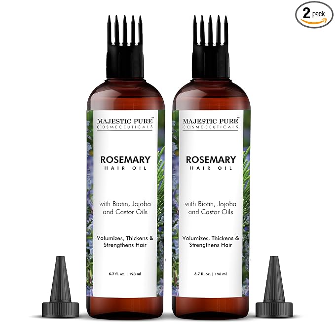 Majestic Pure 100% Pure Rosemary Oil For Hair Growth - Strengthening, Nourishing, Volumizing - Infused with Biotin Oil, Jojoba Oil & Castor Oil - Non GMO Verified - 6.7 Fl Oz (Pack of 2)