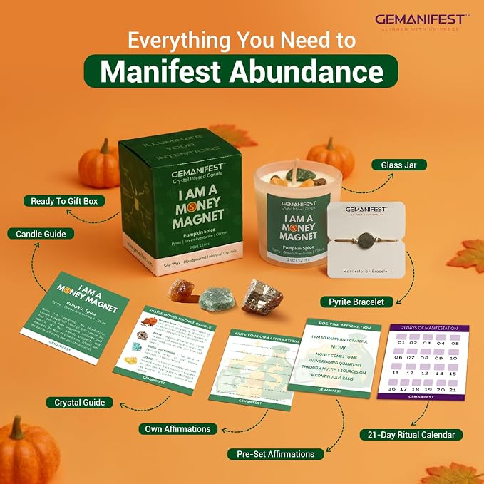Money Manifestation Candle with Pyrite Bracelet for Wealth Prosperity and Success Pumpkin Spice Soy Candles for Office Home Scented Prosperity Crystal Candle Gifts for Men Women