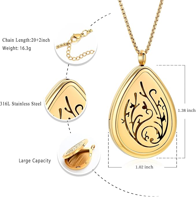 Tree of Life - Stainless Steel Teardrop Aromatherapy Essential Oil Diffuser Necklace Locket Necklace Pendant (Gold)