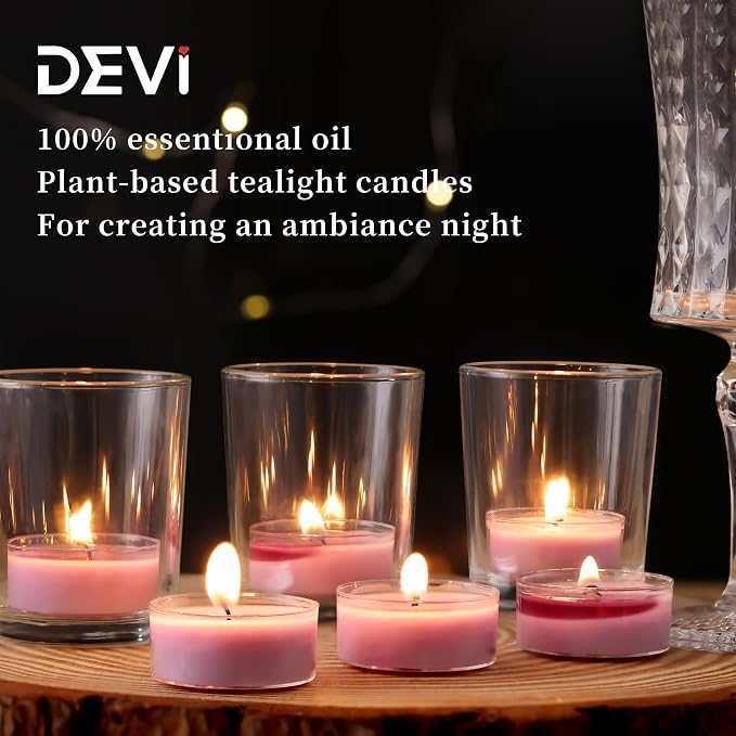 DEVI Eucalyptus & Lavender Highly Scented Tea Lights Candles 12 Pack, 3.5-4 Hours Natural Palm Tea Candles for Home Scented, Small Votives with Essential Oils for Home Aromatherapy, Gifts for Woman