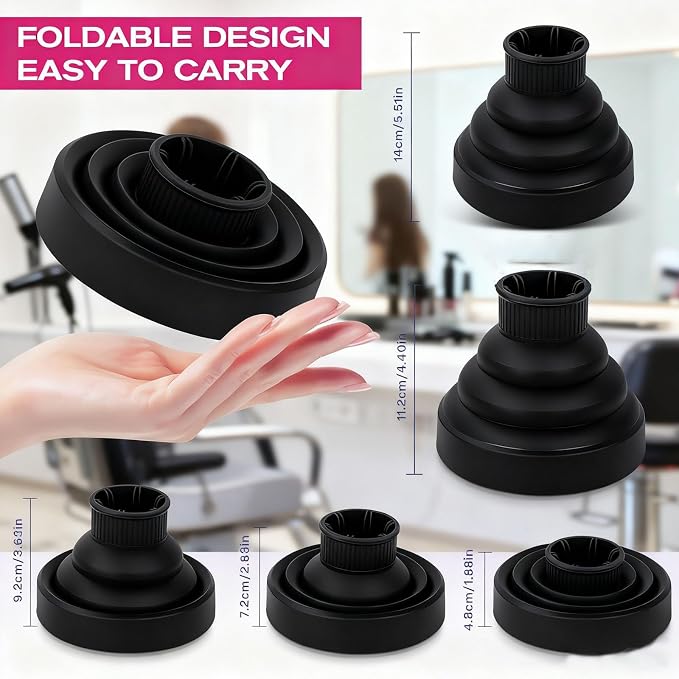 Universal Silicone Hair Dryer Diffuser Attachment, Collapsible & Portable Blow Hair Diffuser for Curly/Wavy Hair Travel Use, Lightweight Folding Fits 1.57-1.99" Nozzles for Salon Home (Black)