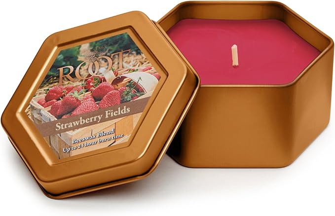 Root Candles Scented Candles in Travel Tin 24-Hour Honeycomb Traveler Handcrafted Beeswax Blend Candle, 4-Ounce, Strawberry Fields
