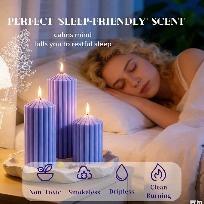 Ribbed Pillar Candles Set of 3, Width 3" High 4" 6" 8" Large Soy Wax Lavender Scented Modern Candles for Home Decor, Dinner Table, Living Room, Housewarming Gift