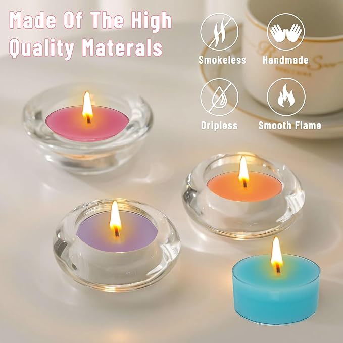 Scented Tea Light Candles 12 Pack Pastel Color Hand Poured Smokeless 4 Hours Clean Burning Small Round Clear Cups Tealight Candles for Romantic Dinners Wedding Centerpieces Cozy Evenings