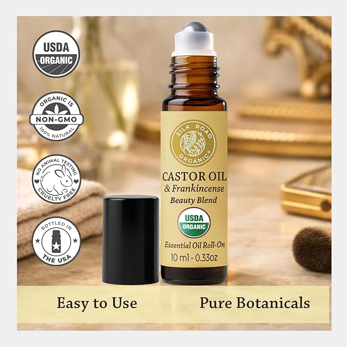 Silk Road Organic Castor Oil & Frankincense Essential Oil Under Eye Roll On for Bags, Dark Circles, Crows Feet, Fine Lines & Wrinkles | USDA Certified Aromatherapy for Delicate Eye Skin, 10ml Roller