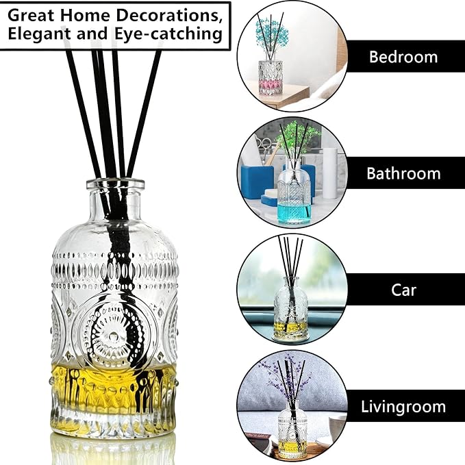 Reed Diffuser Glass Bottles Empty Set of 4 DIY Clear Decorative Bottles Fragrance Vase Jars Oil Diffusers Container with Sticks for Home Office Desk Wedding Valentine Decor Car Girl Women