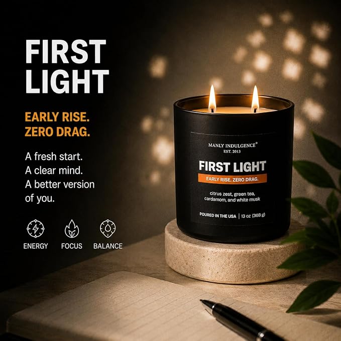 Manly Indulgence First Light Scented Candle, 2 Wick, 13 oz, Premium Soy Blend Wax, Candles for Home Scented - Made in The USA