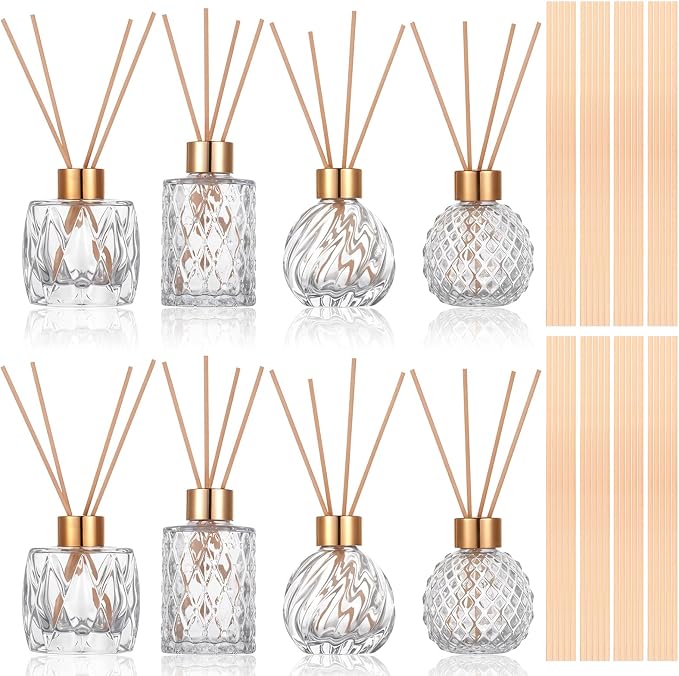 8 Pcs Bathroom Reed Diffuser Sets with 40 Natural Sticks, 3.4oz Empty Glass Bottles & Gold Caps, Bathroom Diffuser with Sticks for Home Office Aromatherapy Decor