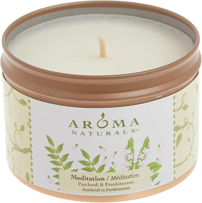 Aroma Naturals Tin Candle with Patchouli and Frankincense Essential Oil Natural Soy Scented, Meditation, 2 Count (Pack of 3)