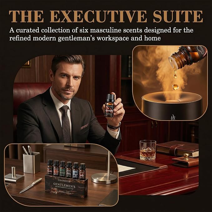 Essential Oils for Diffusers for Home Gentlemen's Set Fragrance Scents 6x10ml-Leather,Sandalwood,Cedarwood,Smoke Vanilla,Cologne,Rum for Aromatherapy,Humidifiers&Massage
