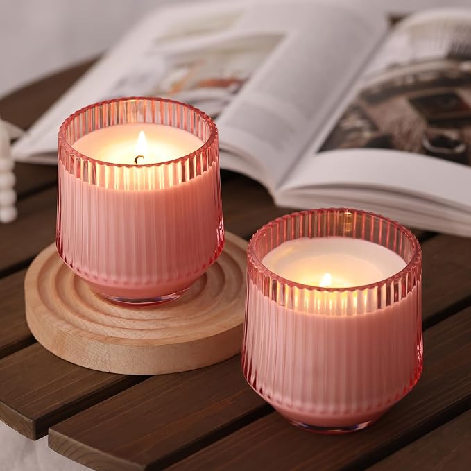 simeitol 13 OZ Pink Large Candle Jars for Making Candles - 6 Pack Glass Candle Jars Bulk with Vertical Striped, Candle Vessels with Bamboo Lids and Candle Wick Kit, for DIY, Home & Mother's Day
