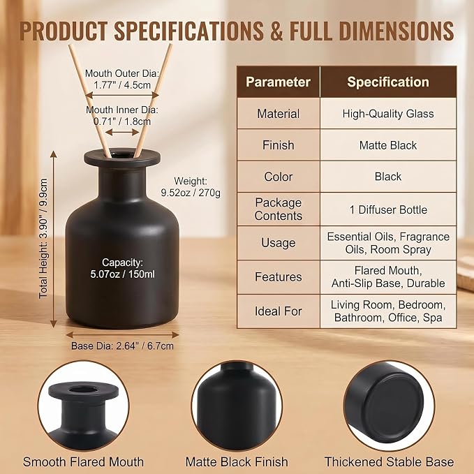 ericotry 1PCS 150ml/5oz Glass Diffuser Bottle Jars Pot Empty Refillable Exquisite Essential Oils Container for DIY Reed Diffuser Sticks Sets Crafts Decor Essential Oil Diffuser (Black)