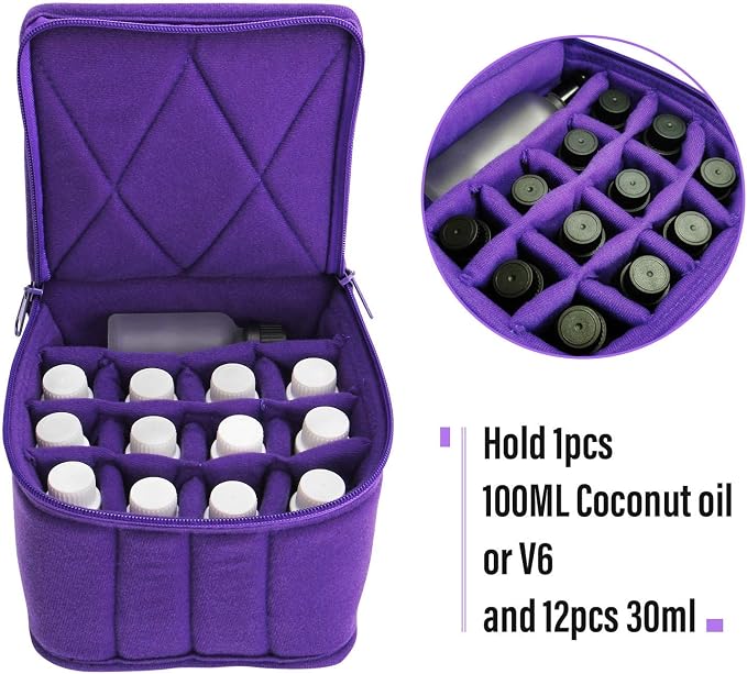 Weljoy Essential Oil Case 13 Bottle Organizer for 30ml 50ml 100ml 115ml 8oz, Travel Bag with Adjustable Dividers Foam Padded for Aromatherapy Roller Dropper Bottles (Purple, 5.9x5.9x5 in) | 30ml 50ml 100ml 115ml 8oz bottles, adjustable foam padded divi...