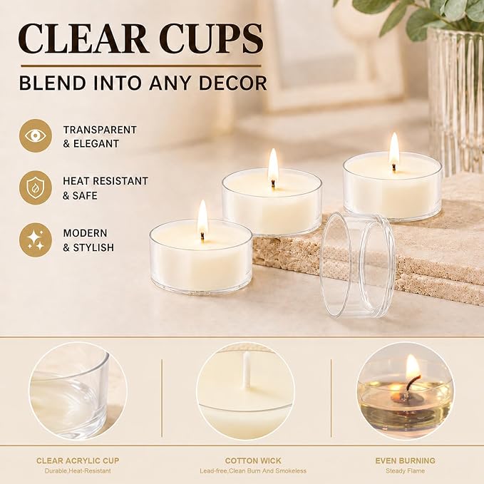 Soy Tea Light Candles 25 Pack, 4 Hours Unscented White Tea Candles | Natural Soy Wax,Clean Burning,Clear Cup Design,Small Votives Bulk for Home Decor Wedding Spa Meditation