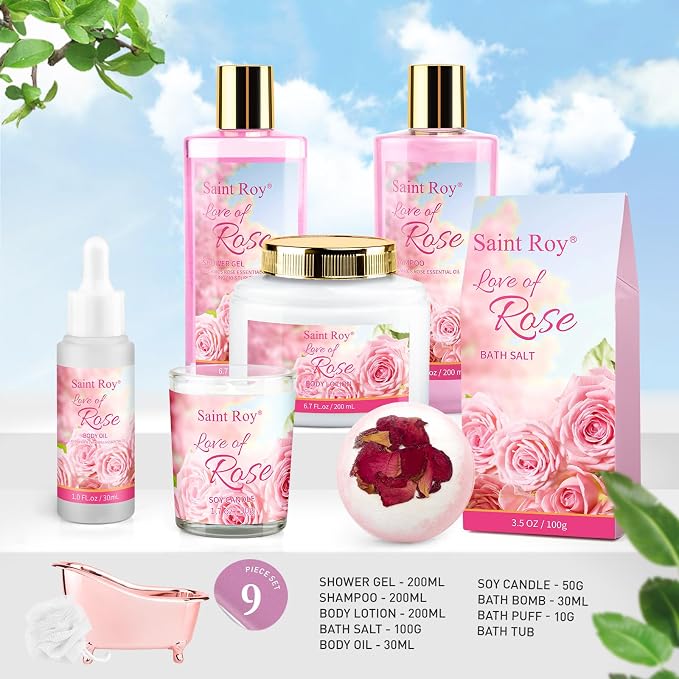 Spa Gifts Basket for Women, Rose Bath and Body Gift, Facial Skin Care Set, Self Care Pampering Kit, Bath Gift Set Spa Gift Set, Home Spa Self Care, Birthday, Mother Day, Bridal Shower