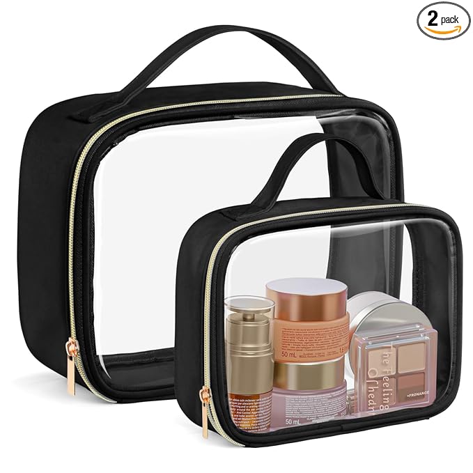 PACKISM Clear Makeup Bag Combo Pack, 1 TSA Approved Medium & Large for Checked Luggage, Clear Toiletry Bag with Handle, Water-resistant Travel Essentials Organizer, Black