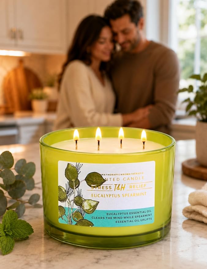 Eucalyptus Spearmint Candle | 4 Wick Extra Large Scented Soy Candle 20 oz | Highly Scented Aromatherapy Stress Relief Spa Candles | Fresh Eucalyptus Mint Home Scent | Long Lasting Clean Burn