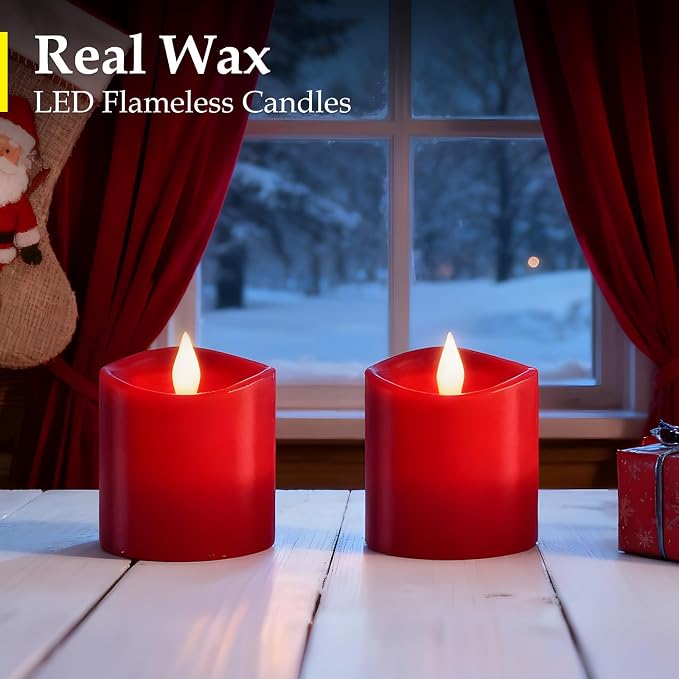 Red LED Pillar Candles, 3inch - Battery Operated with Remote Timer, Flickering Flame, Lasts Over 600 Hours, Perfect for Christmas and Halloween Deco (Red, 3"*3"-2pcs)