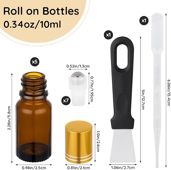Segbeauty 0.34oz Thick Amber Glass Roll On Bottles for Essential Oils, 5pcs Small Empty Oil Roller Bottles for Eye Essence, 10ml Travel Refillable Roller Ball Applicator, Perfume Oil Rollerball Bottle