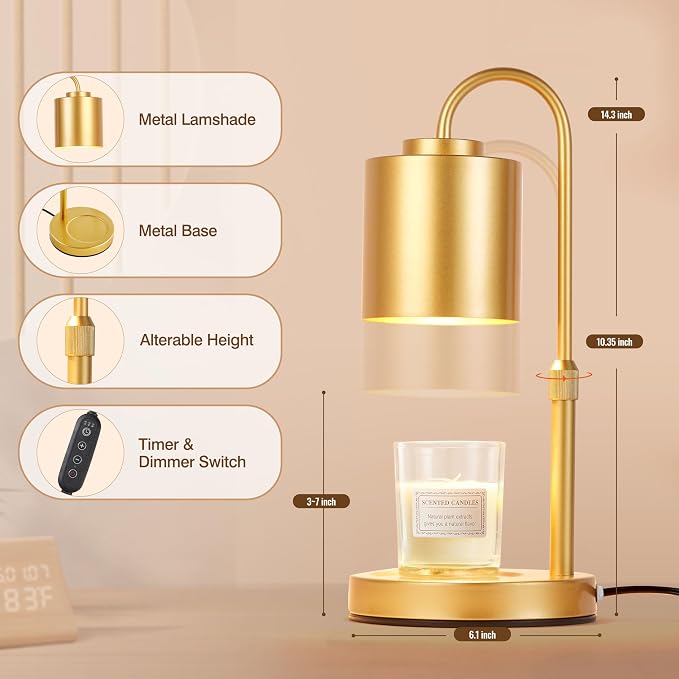 CASTLELIFE Candle Warmer Lamp with Timer & Dimmer, Height Adjustable Electric Wax Melt Warmer for Jar Candles, Gifts for Women Mom Home Decor, Gold