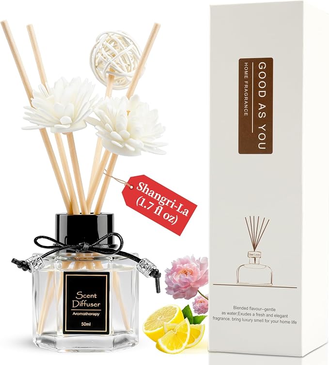 Shangri-La Reed Diffuser 1.7 fl oz | Long-Lasting Natural Home Fragrance | Non-Toxic Essential Oil with 6 Scent Sticks for Bathroom, Bedroom & Living Room | Plant-Based Air Freshener