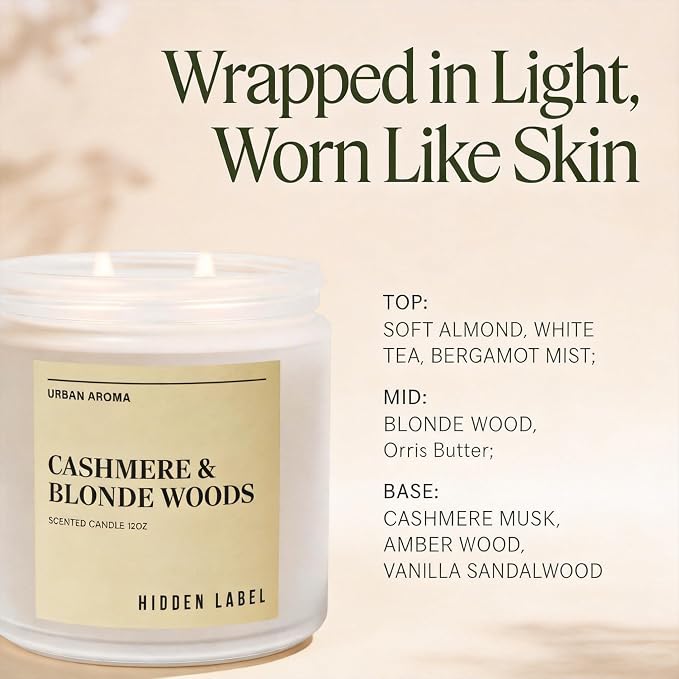 Hidden Label Cashmere Blonde Woods Soy Candle, 12oz 2-Wick, 70H Cozy | Non-Toxic Natural Wax, Paraben & Phthalate-Free, Clean Burn | Gender-Neutral Gift & Elegant Decor | Stress Relief & Grounding