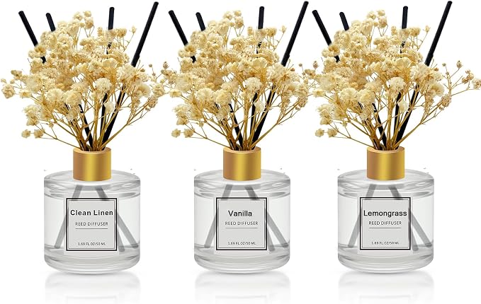 Reed Diffuser Set of 3 Pack,Clean Linen,Vanilla,Lemongrass Scented Oil Diffuser with 4 Sticks,Reed Diffusers for Home,Living Room,Bathroom Air Freshener Diffuser,50ml x 3