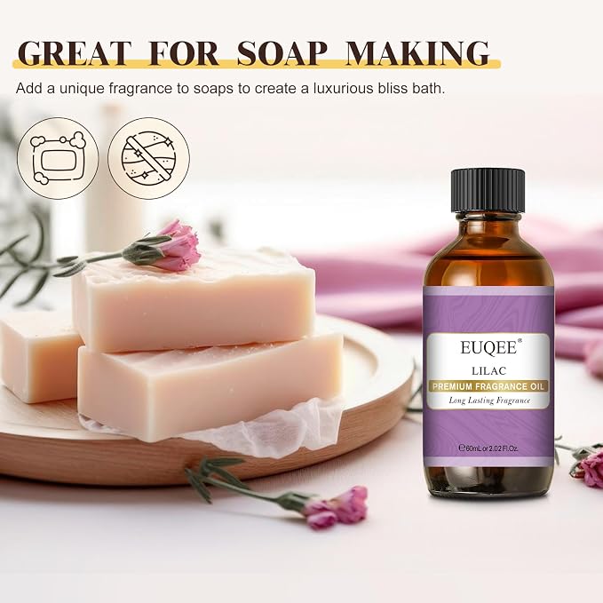 EUQEE Lilac Fragrance Oil, 60ml Premium Lilac Scented Oil Essential Oils with Glass Dropper for Diffusers, DIY Soap & Bath Bombs (2.02 Fl oz)
