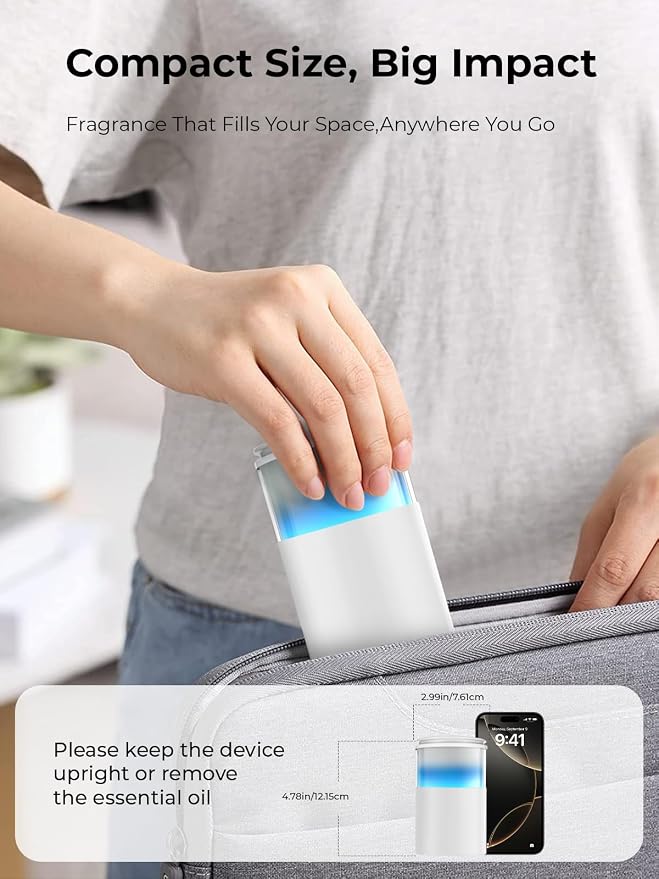 Waterless Essential Oil Diffuser: 𝟗 𝐂𝐨𝐥𝐨𝐫𝐬 𝐋𝐄𝐃 Scent Diffuser for Home&Car&Office - Portable Diffuser with 48H Battery, 4 Timers & 3 Mist Levels, Snow White