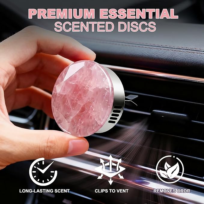 Car Vent Freshener Rose Quartz Air Freshener Gift Box Scented Diffuser with 5 Unique Fragrances (Cologne, BlueBell, Bergamot, Rose, Tea Fragrance) -Long-Lasting Aromatherapy for Car