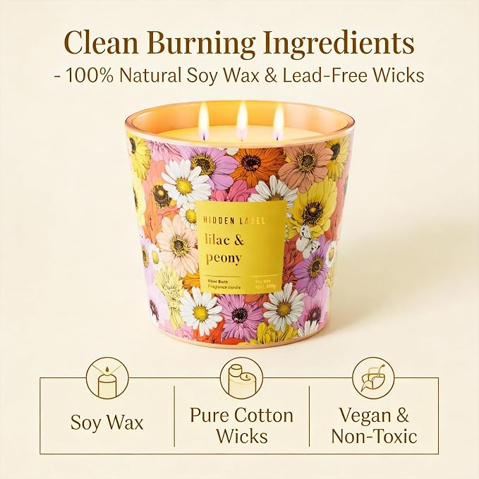 Lilac & Peony Scented Candle, 30oz Large 3 Wick Soy Candle for Home, 100 Hours Long Burning Highly Scented Candles, Luxury Glass Jar Candle, Gifts for Women, Mother's Day, Home Decor