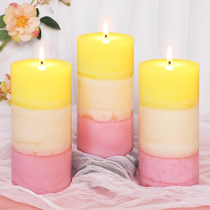 Sweet Honeysuckle Scented 3x6 Inch Pillar Candles Yellow White Pink Layered Aesthetic Decorative Home fragrances Candle for Spring Living Room Bathroom Party Decor, Set of 3