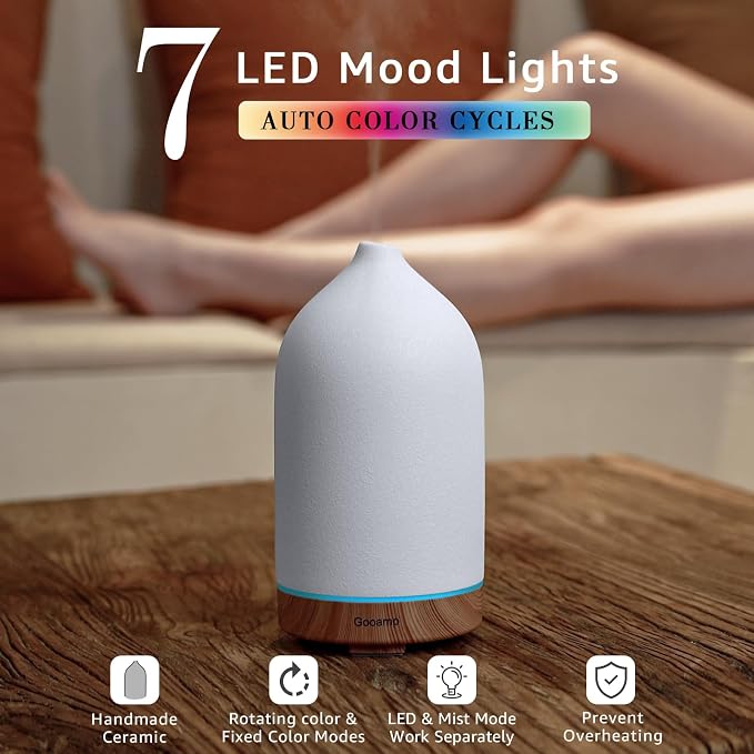 Gooamp 200ML Ceramic Essential Oil Diffuser (Set of 2) - Ultrasonic Aromatherapy & Humidifier with 7-Color LED Lights, Auto Shut-Off, Wood Grain Base, 1H/3H/6H Timer | Scent for Home, Office, Yoga
