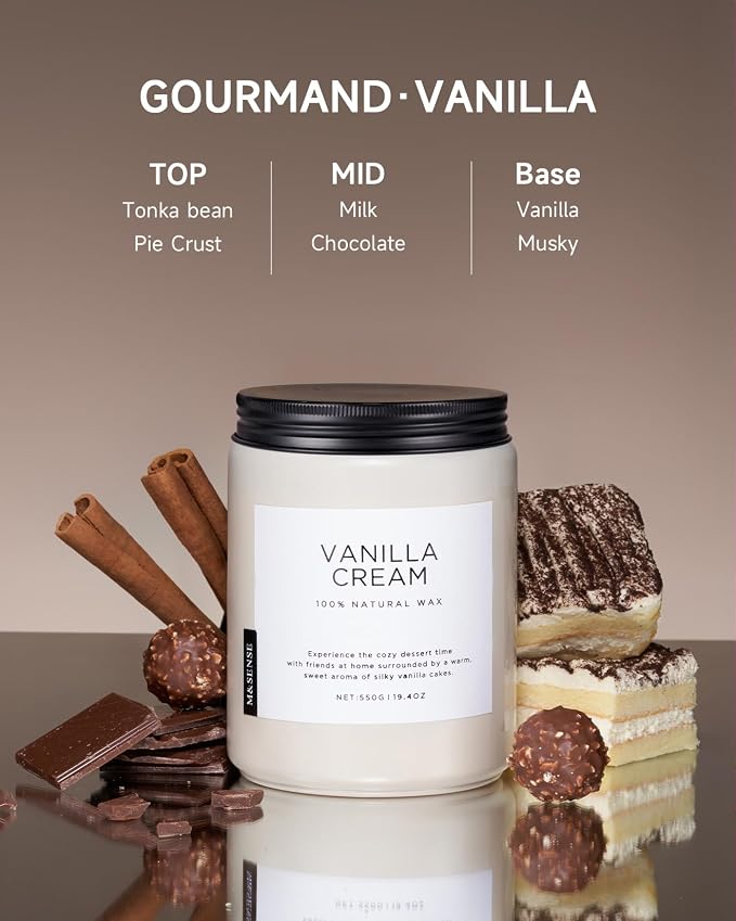 M&SENSE Large Vanilla Scented Candles for Home, 19.4oz Organic Soy Wax, 110-Hour Long Lasting Burning, Natural Candles Non Toxic, Cozy Smelling for Stress Relief, Housewarming Gift for Family