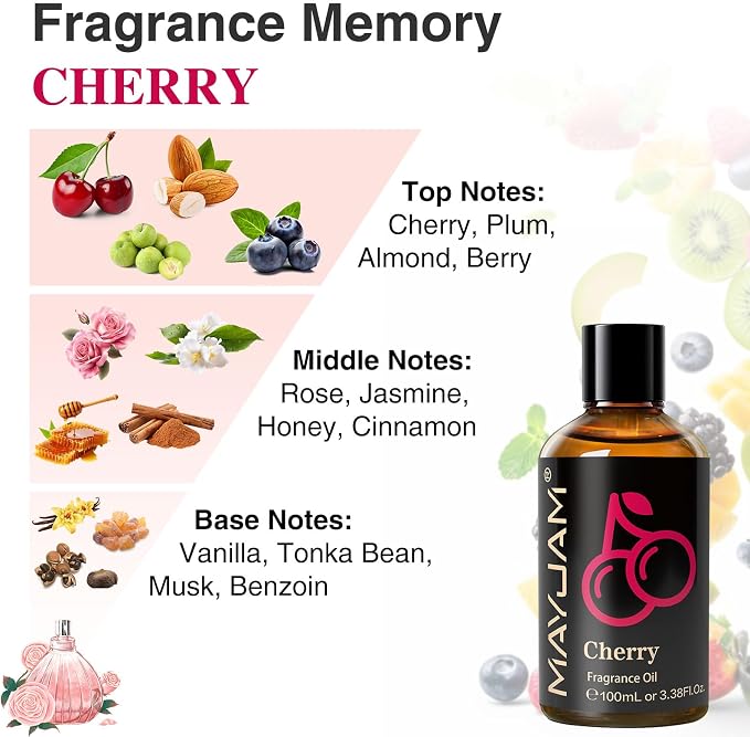 MAYJAM 100ML/3.38FL.OZ Cherry Fragrance Oils with Glass Dropper, Essential Oils for Diffusers for Home, Long Lasting Scented Oils for Diffusers Soap Candle Making