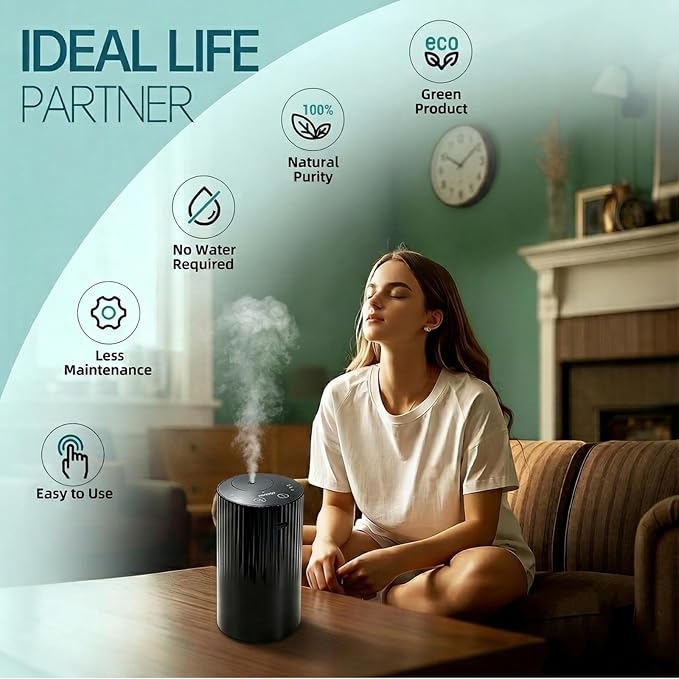 Waterless Essential Oil Diffuser, Portable Car Diffuser with Rechargeable Battery, Cordless Aromatherapy Diffuser for Home Office Bedroom, USB-C Nebulizing Diffuser, Up to 600 Sq Ft Coverage