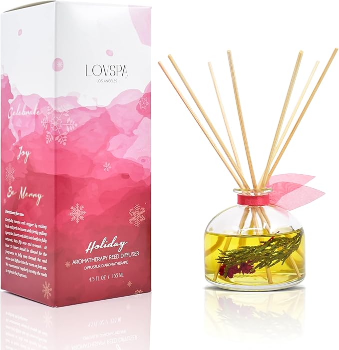 Reed Diffuser Set, Holiday Red Currant & Woods Scented Oil Diffuser with Sticks, Home Fragrance Accessories for Bathroom Shelf Decor, Aroma Diffusers for Home or Office Desk, USA Made