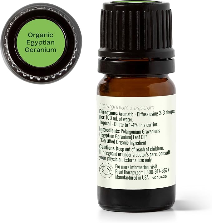 Plant Therapy Organic Egyptian Geranium Essential Oil 100% Pure, USDA Certified Organic, Undiluted, Natural Aromatherapy, Therapeutic Grade 5 mL (1/6 oz)