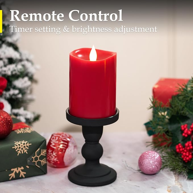 3x4 inch Red Flameless Candles: Realistic Flameless LED, Battery-Powered Pillar Candles with Remote & Timer, Fake Candles for Fall Decor, (Red, 3"*4"-1pcs)