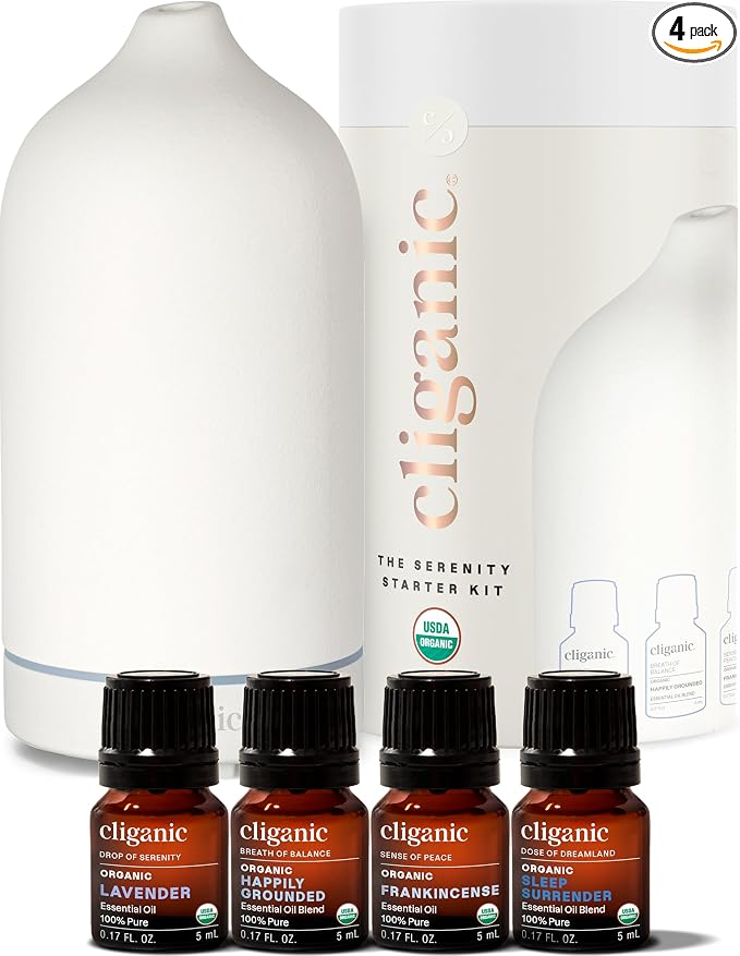Cliganic Serenity Essential Oils Diffuser Set – Aromatherapy Humidifier with LED for Home, Office & Bedroom Includes Frankincense, Lavender, Grounded & Sleep Essential Oils Christmas Gift Kit