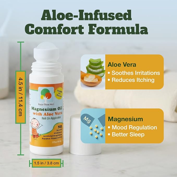 Magnesium Oil Roll-On for Kids with Aloe Vera for Muscle Relaxation & Joint Relief, Fast-Absorbing Topical, Soothing Formula for Sore Muscles, Tension & Cramps, Natural Calm Support, 3 fl oz