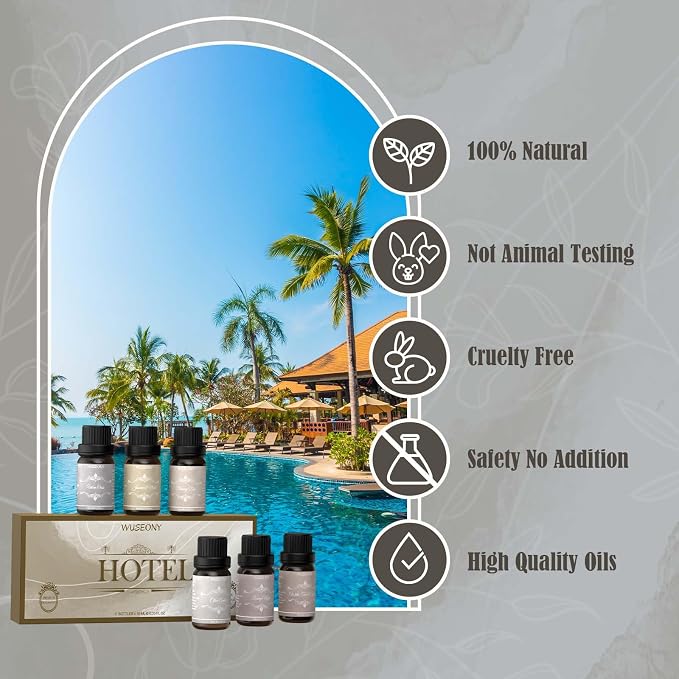 WUSEONY Hotel Diffuser Oils Gift Set, Aromatherapy Essential Oil Set, Luxury Hotel Scents for Diffuser for Home – White Tea & Thyme, Jasmine & Mint, Citrus Amber, Luxury Night, Dreamy Den, Urban Oasis