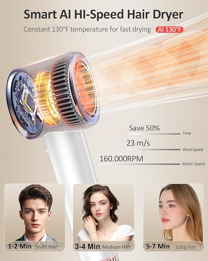 Hair Dryer - Smart 160000 RPM High-Speed Brushless Motor Plasma Ion AI Blow Dryer with Diffuser for Fast Drying, Professonal 4Temp/3Speed Thermo-Control Lightweight AI Hairdryer for Women Men Travel