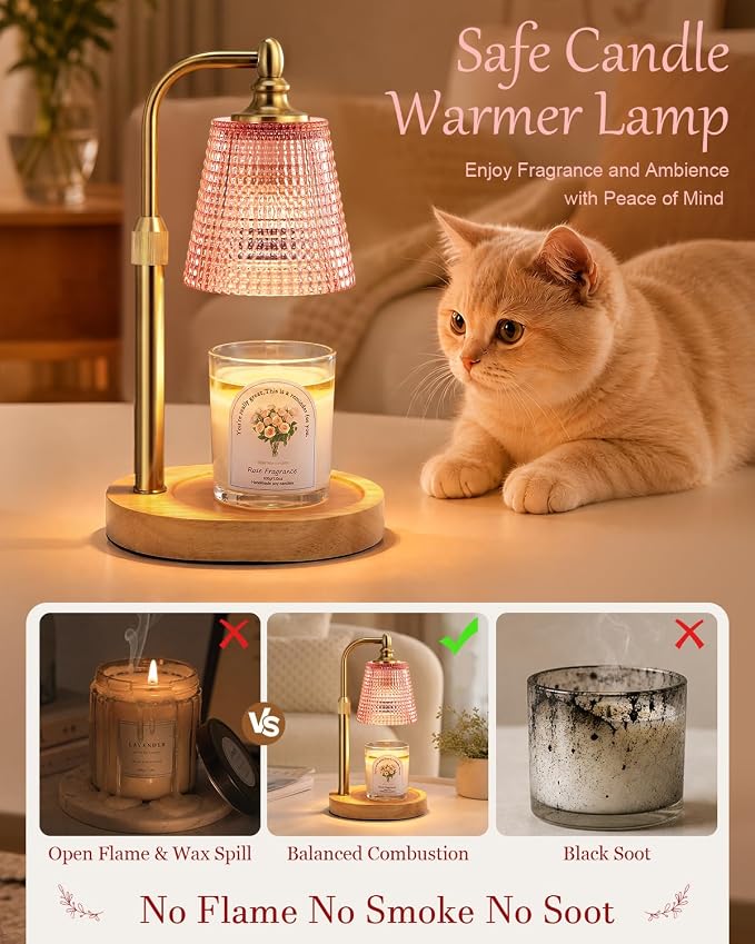 Hong-in Candle Warmer Lamp with Timer Dimmer, Birthday Gifts for Women, House Warming Gifts for New Home, Vintage Room Decor, Adjustable Height Candle Lamp, Wax Warmer for Scented Jar Candles, Pink