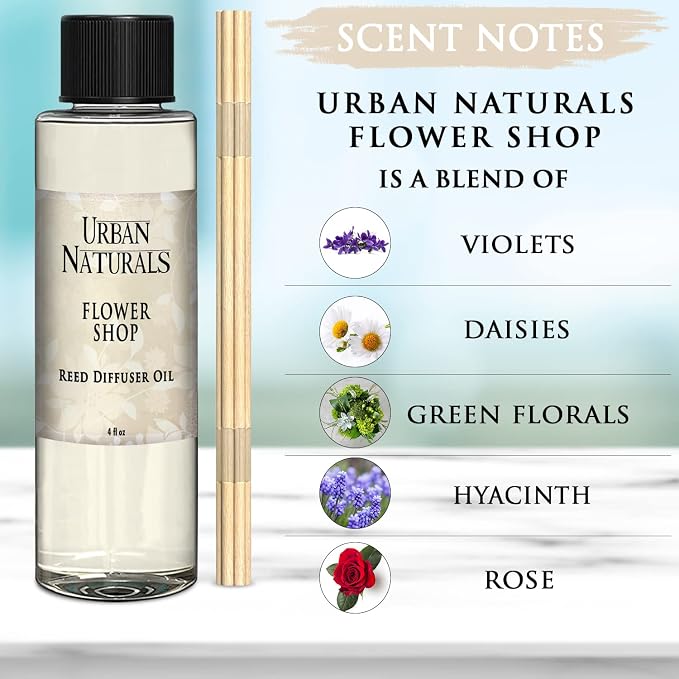 Urban Naturals Reed Diffuser Oil Refill Flower Shop, Violets, Daisies, Hyacinth, Rose Petals, 4 oz + Free Reed Sticks, Made in the USA