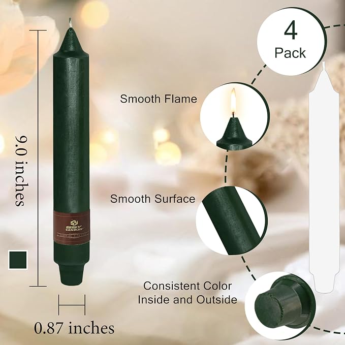 Christmas Hunter Green Candle 9 Inch Tall Smokeless Taper Candles 4 Pack Unscented Dinner Candle for Christmas Festive, Halloween Thanksgiving Day Fall Home Decor